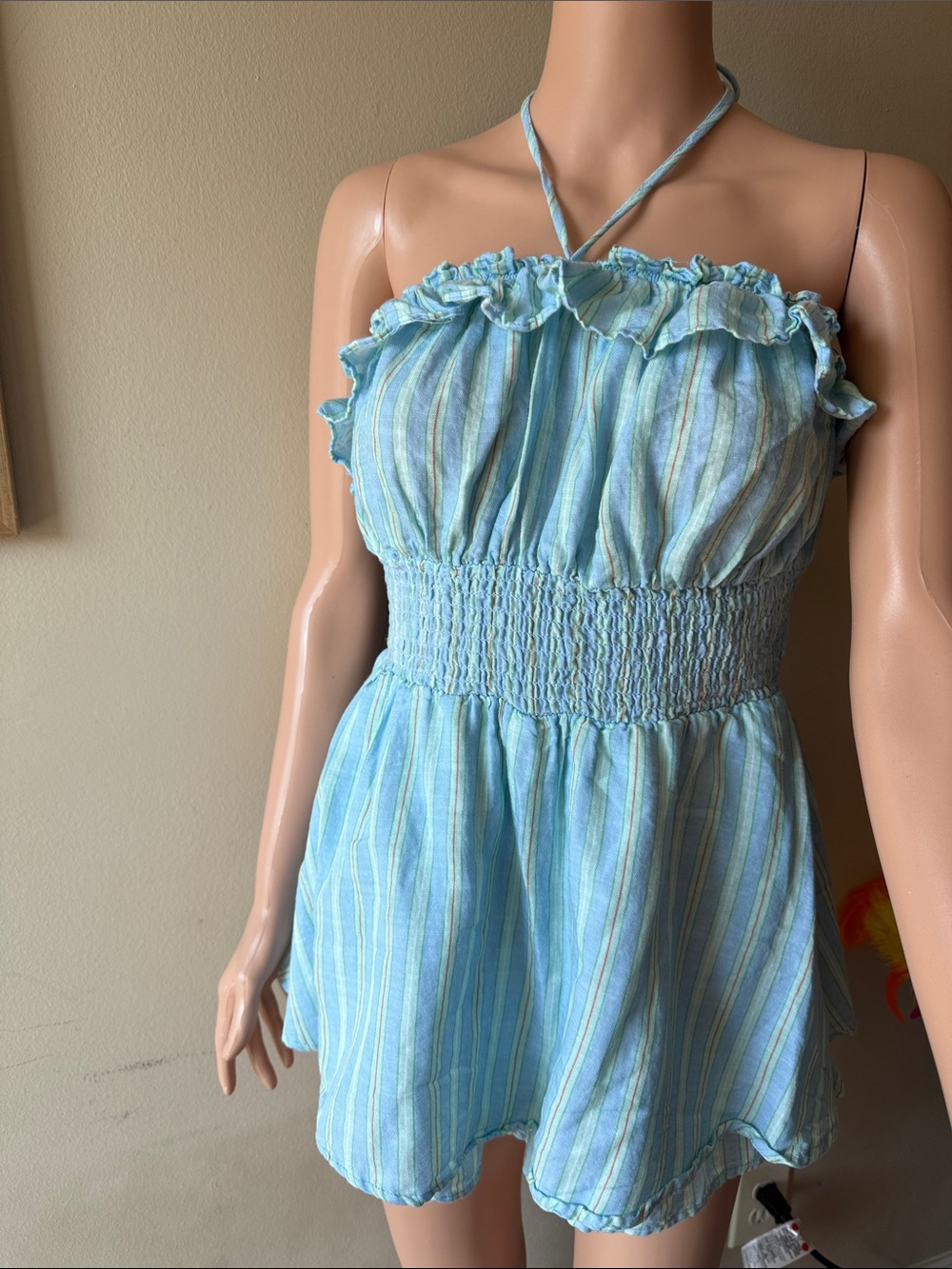 No Boundaries Light Blue Striped Halter Romper
